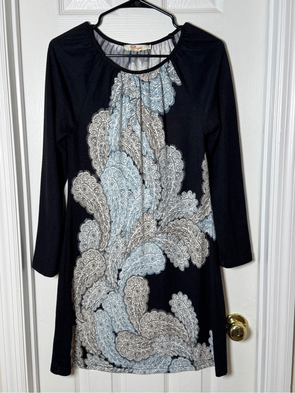 Aryeh Paisley Panel Long Sleeve Shift Dress Size Medium Black Blue